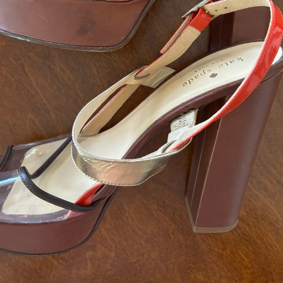 Kate Spade Platform Clear Orange Gold Brown Open Toe Heels - Picture 6 of 9